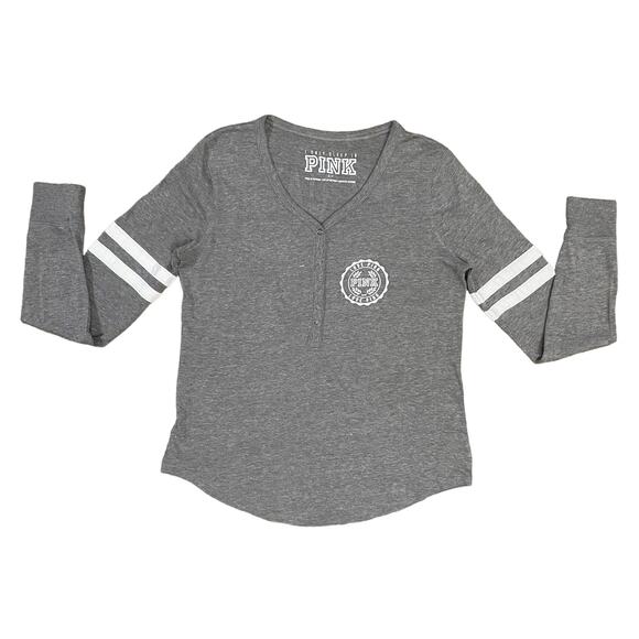 PINK Victoria's Secret Gray V-Neck Long Sleeve Lounge Shirt Striped Sleeves Sz S - Picture 4 of 5